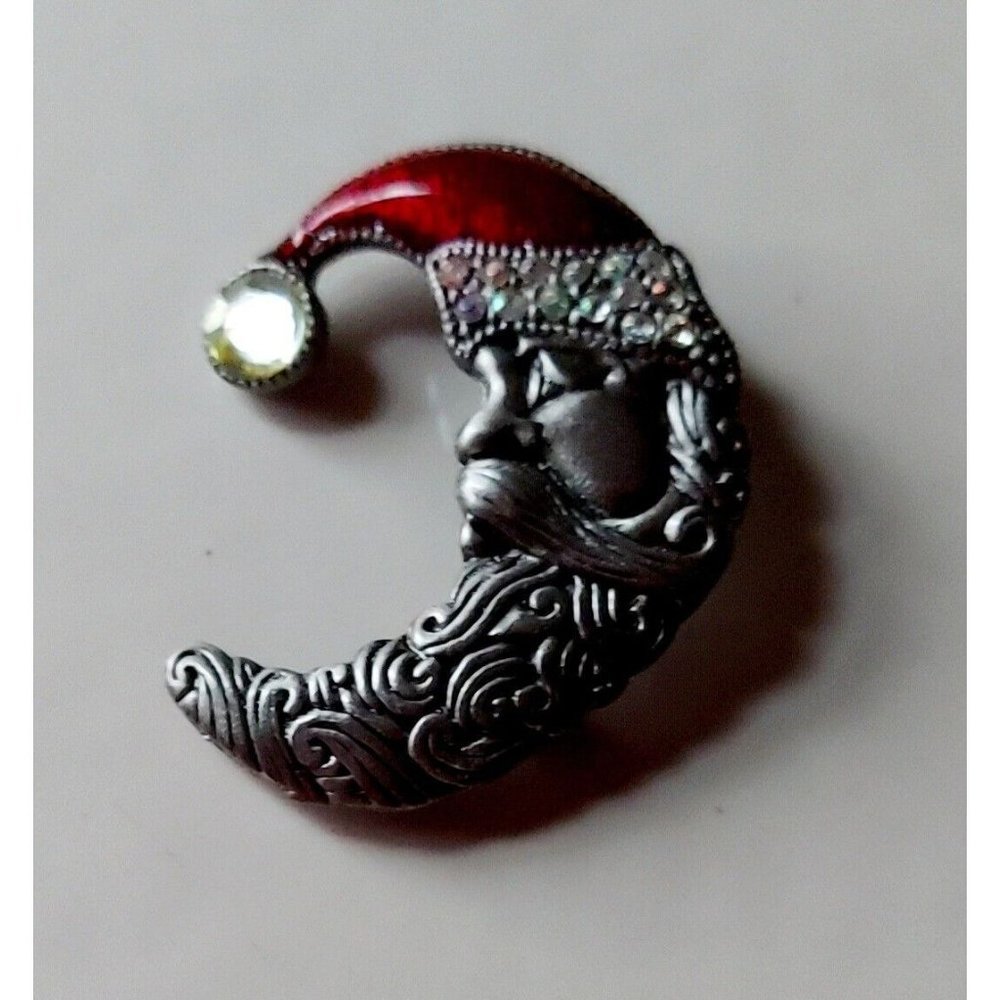 Pewter Jeweled Crescent Moon Santa Claus Christmas Pin Brooch 2" +Gift Bag